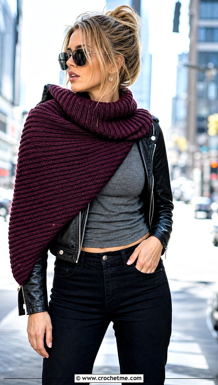 Ribbed Rectangular Crochet Shawl With Leather Jacket - 30 rectangular crochet shawls outfit ideas