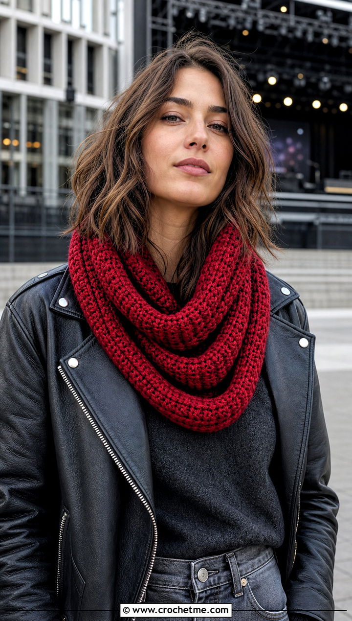 Ribbed Red Crochet Scarf With Leather Jacket - 25 taylor swift red crochet scarf outfit ideas