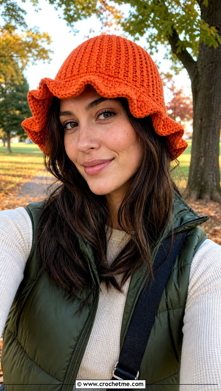 Ribbed Ruffle Crochet Bucket Hat With Puffer Vest - 25 ruffled crochet bucket hat outfit ideas