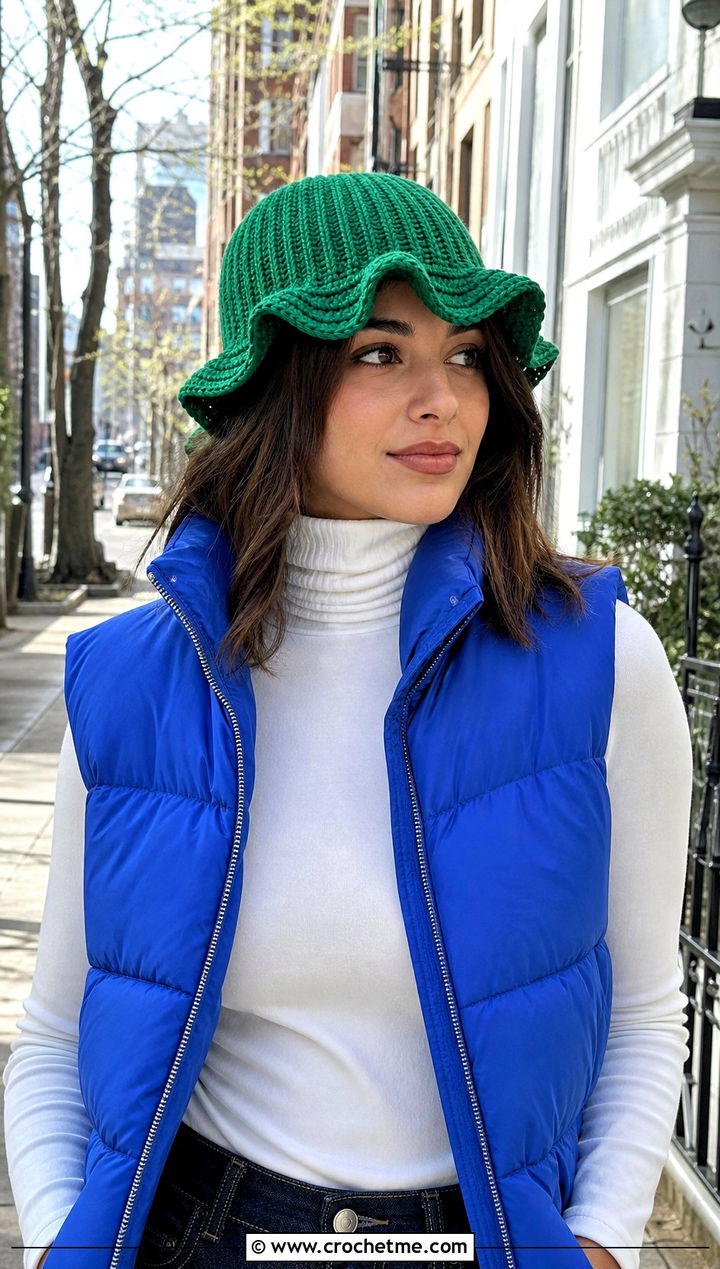 Ribbed Ruffle Crochet Bucket Hat With Puffer Vest - 25 Crochet Bucket Hat With Ruffles outfit ideas