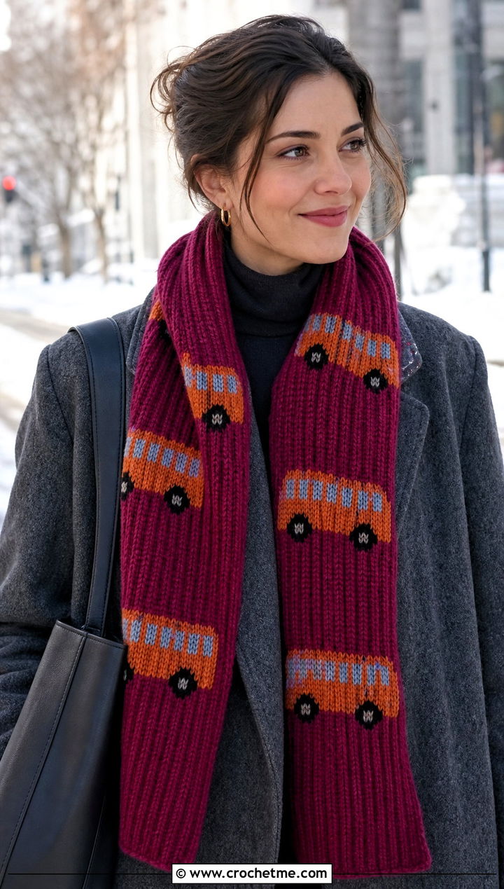 Ribbed School Bus Scarf With Wool Coat - 25 Crochet School Bus Scarf outfit ideas