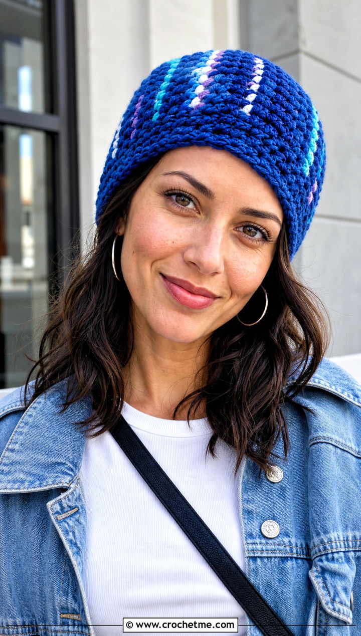 Ribbed Scrap Yarn Crochet Beanie With Denim Jacket - 30 scrap yarn crochet beanie outfit ideas