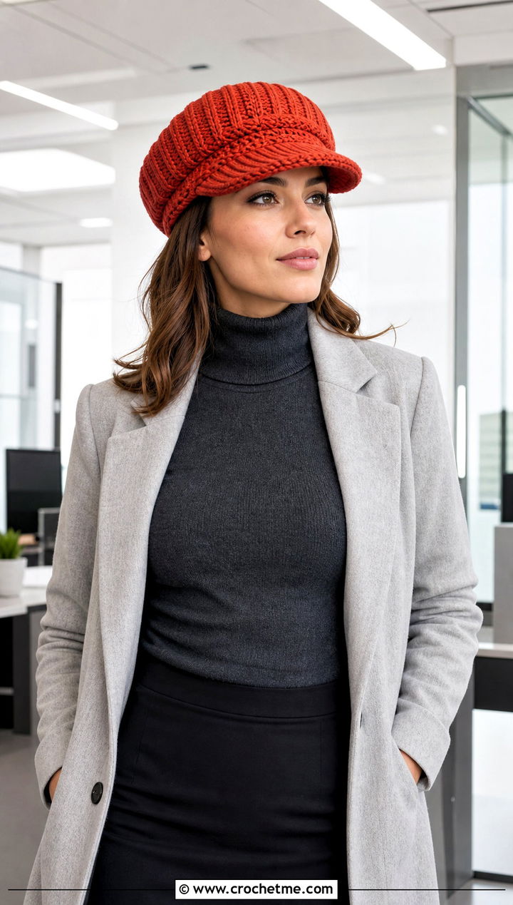 Ribbed Service Crochet Police Hat With Turtleneck And Pencil Skirt - 30 crochet police hat outfit ideas