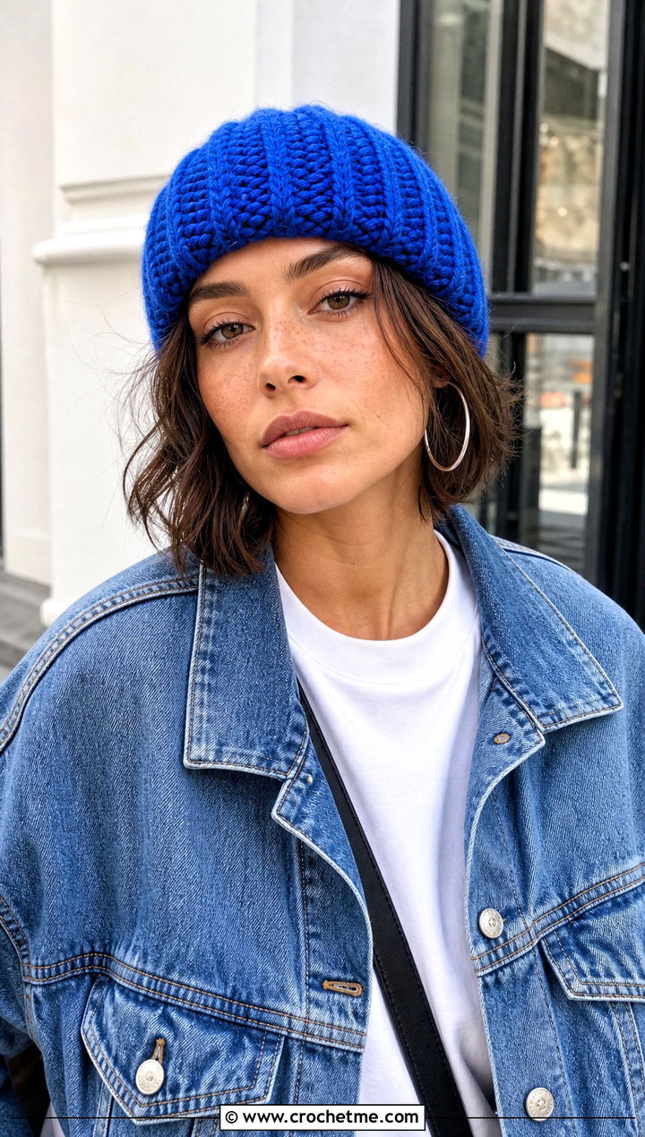 Ribbed Short Row Crochet Beanie With Denim Jacket - 25 short row crochet hat outfit ideas