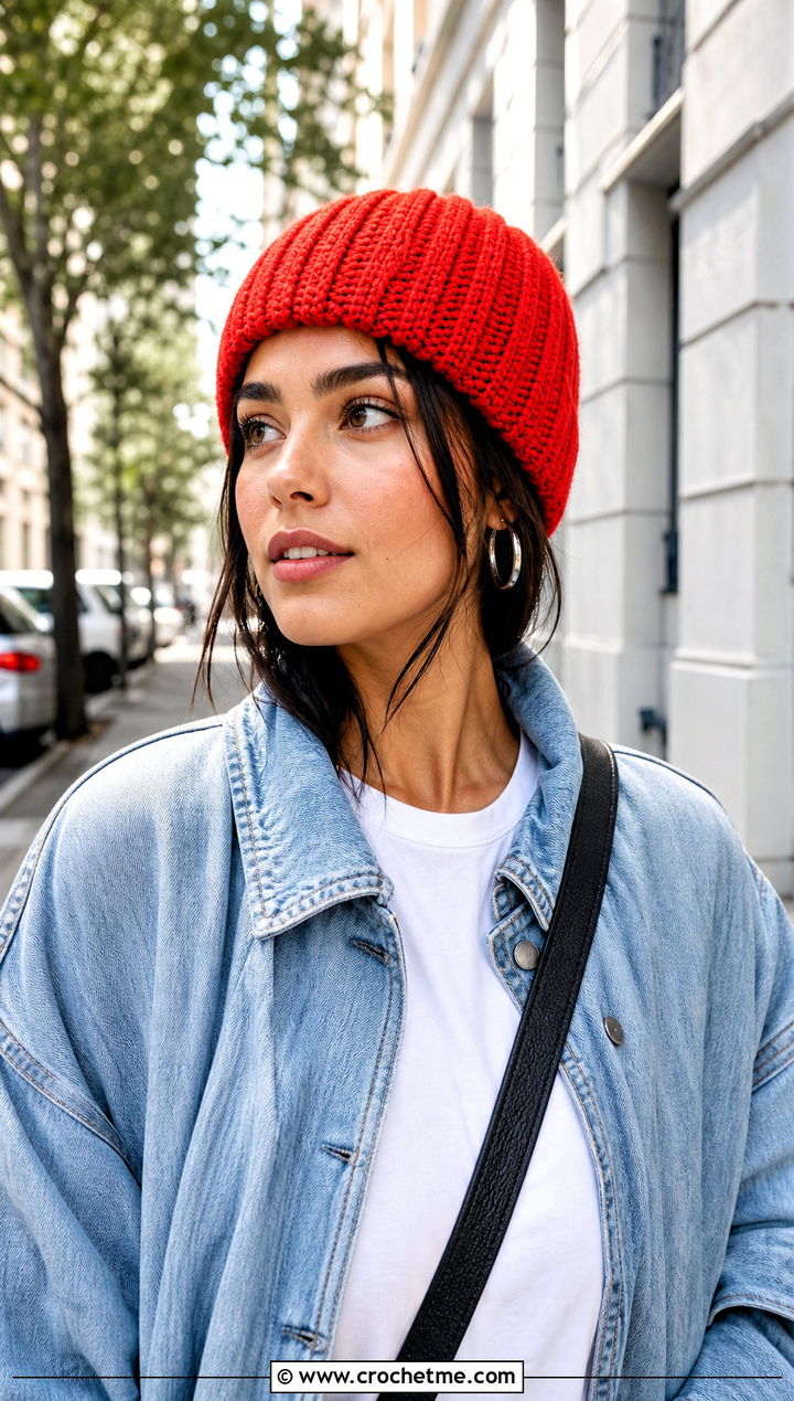Ribbed Short Row Crochet Beanie With Denim Jacket - 25 Crochet Short Rows Hat outfit ideas