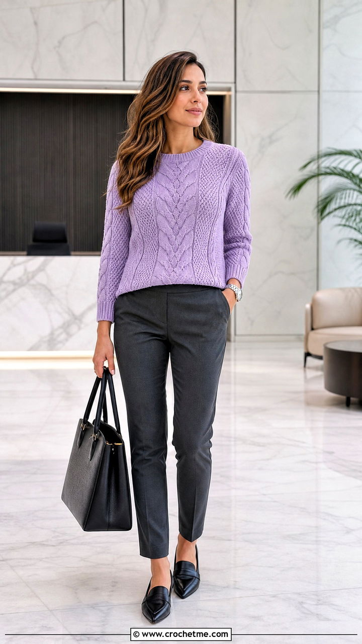 Ribbed Side Panel Cable Sweater With Cigarette Pants - 35 crochet cable sweater outfit ideas