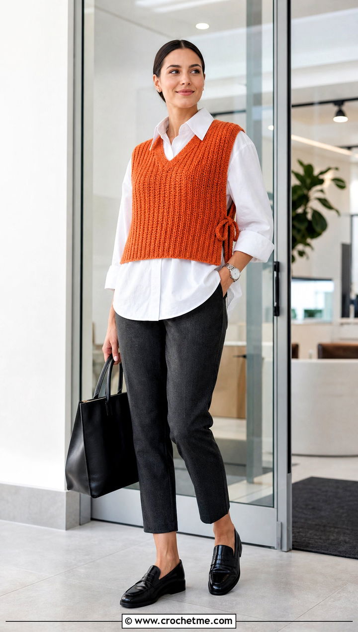 Ribbed Side Tie Crochet Vest With Poplin Shirt - 30 crochet vest tie sides outfit ideas