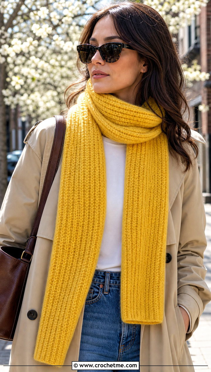 Ribbed Single Crochet Scarf With Trench Coat And Jeans - 25 Single Crochet Scarf outfit ideas