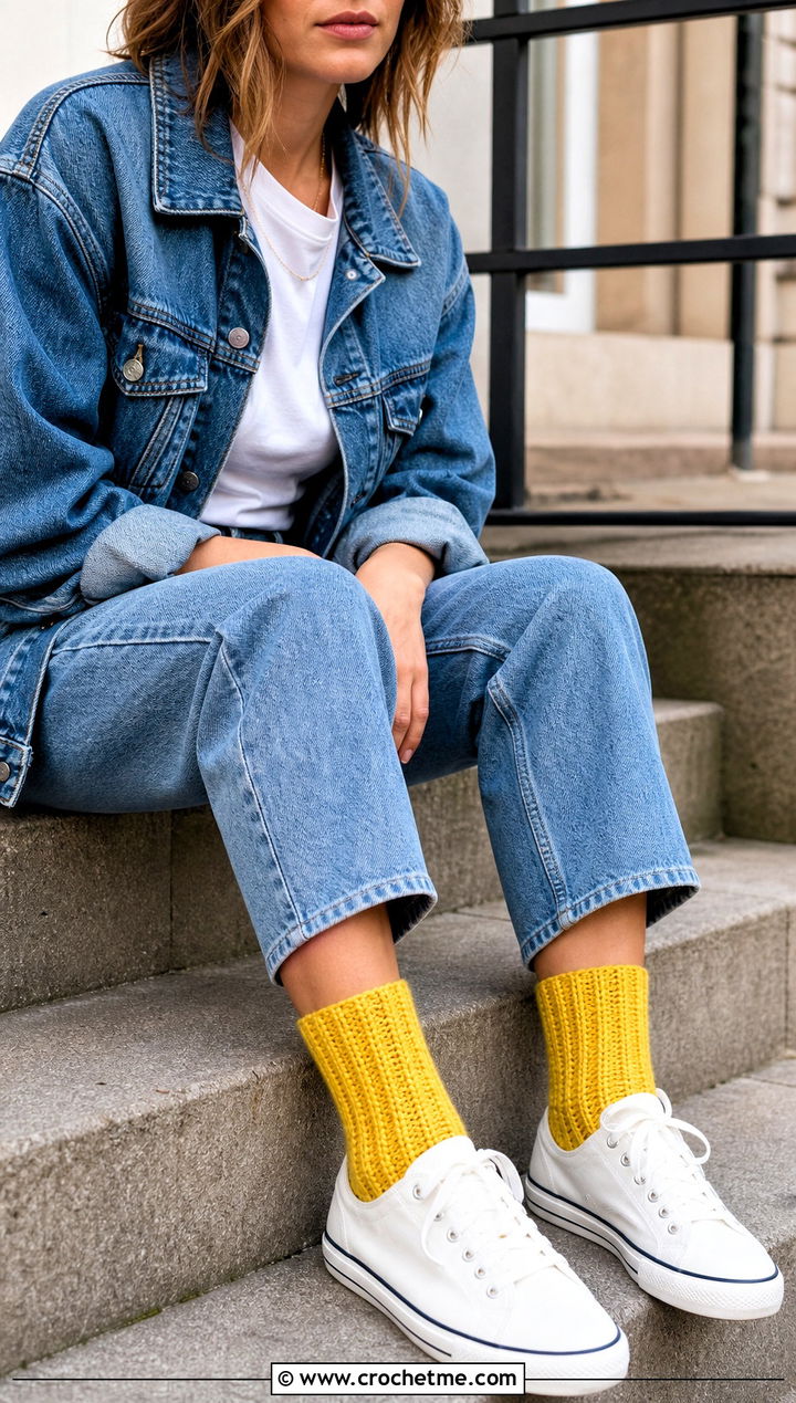 Ribbed Slip Stitch Crochet Flat Socks With Straight Jeans - 25 Crochet Flat Socks outfit ideas