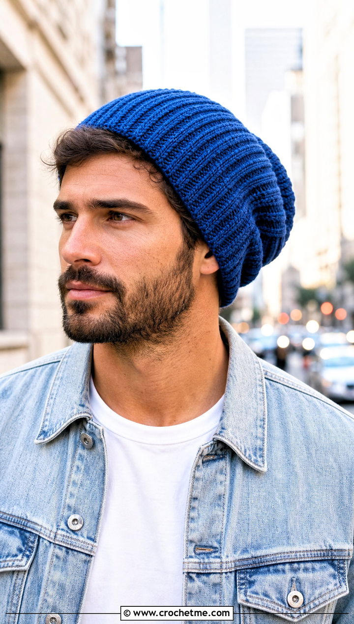 Ribbed Slouch Crochet Beanie With Denim Jacket - 20 Mens Slouch Crochet Beanie outfit ideas