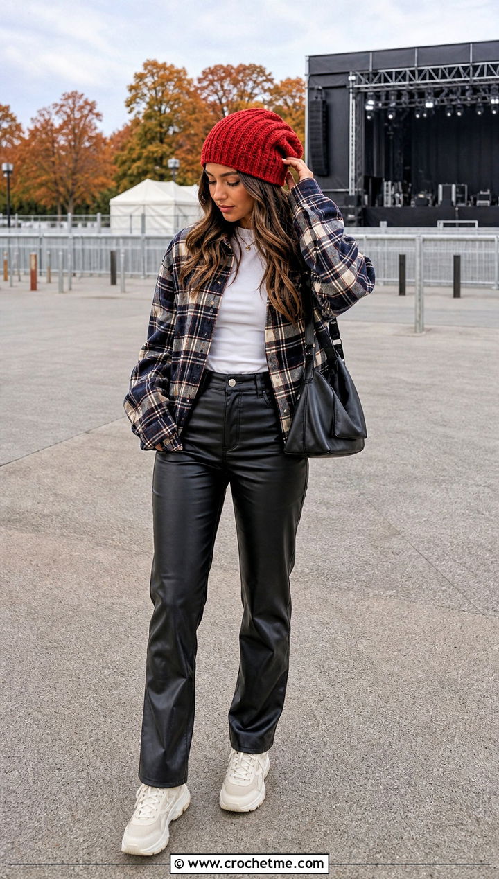 Ribbed Slouch Crochet Beanie With Flannel And Faux Leather Pants - 35 simple crochet beanie outfit ideas