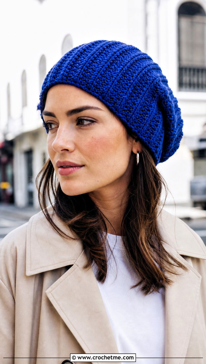 Ribbed Slouch Crochet Beanie With Trench Coat - 30 slouch crochet beanie outfit ideas