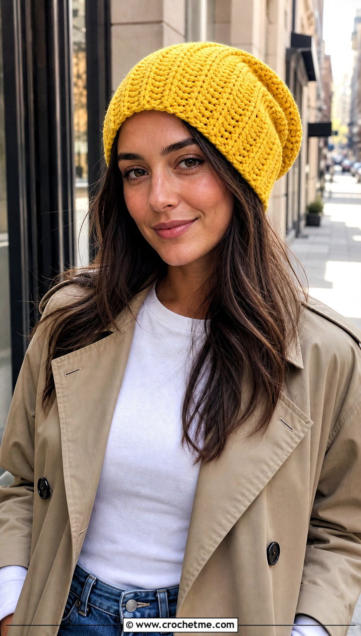 Ribbed Slouch Crochet Hat With Trench Coat - 30 slouch crochet hat outfit ideas