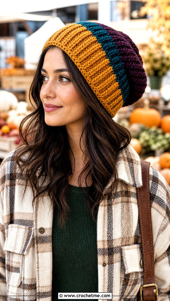 Ribbed Slouchy Color Block Crochet Beanie With Shacket - 20 Color Block Crochet Beanie outfit ideas
