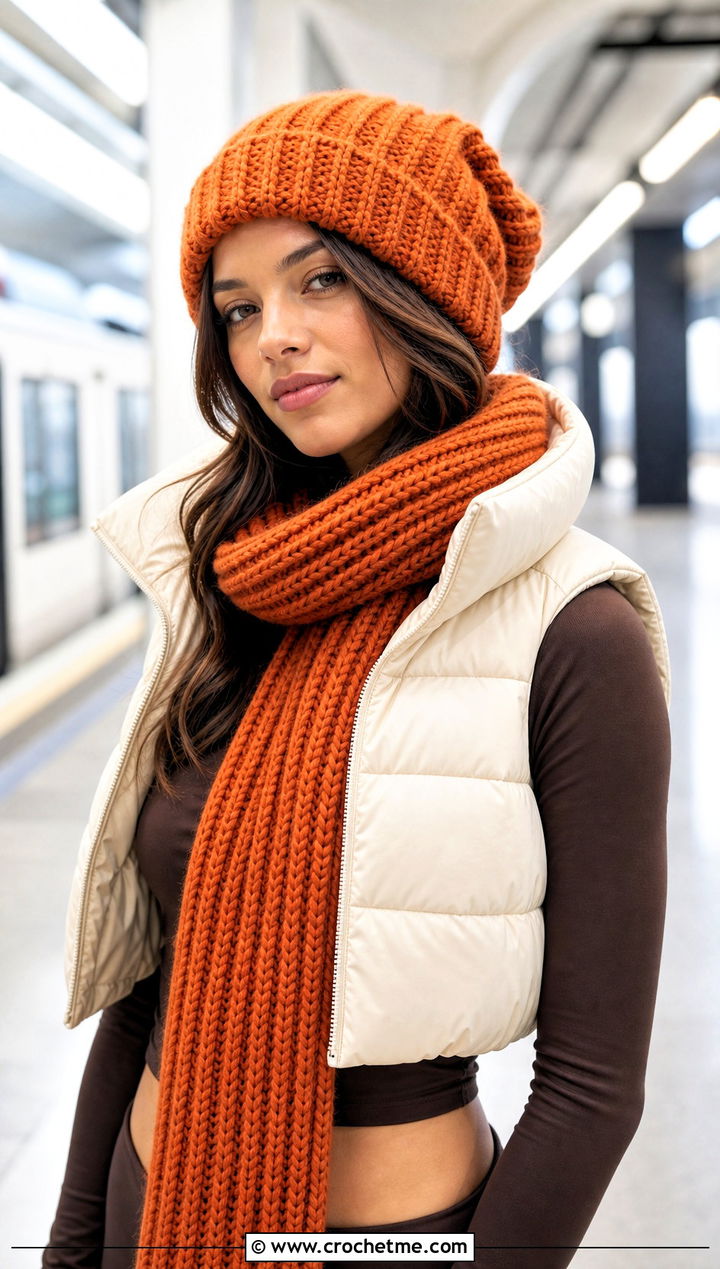 Ribbed Slouchy Crochet Beanie And Scarf Set With Cargo Pants - 30 crochet beanie and scarf set outfit ideas