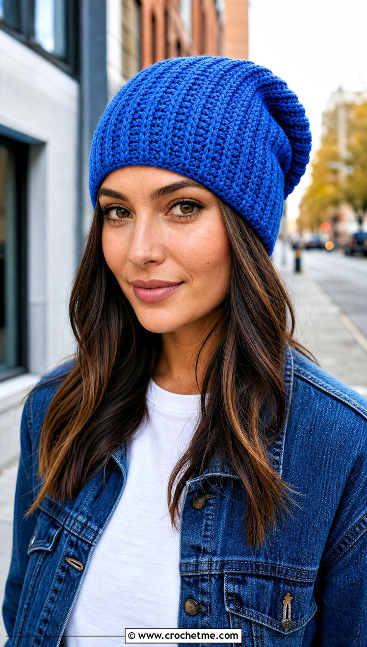 Ribbed Slouchy Crochet Beanie With Denim Jacket - 25 Easy Slouchy Crochet Beanie outfit ideas