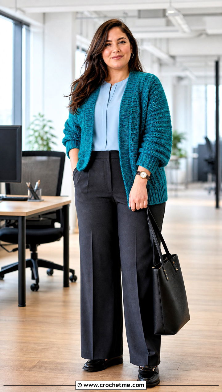 Ribbed Slouchy Crochet Cardigan With Tailored Trousers - 25 Slouchy Crochet Cardigan outfit ideas
