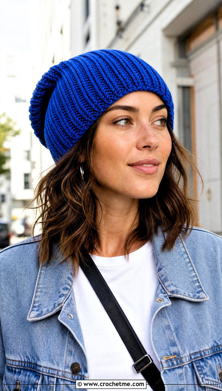 Ribbed Slouchy Crochet Hat With Denim Jacket - 15 Slouchy Crochet Hat outfit ideas