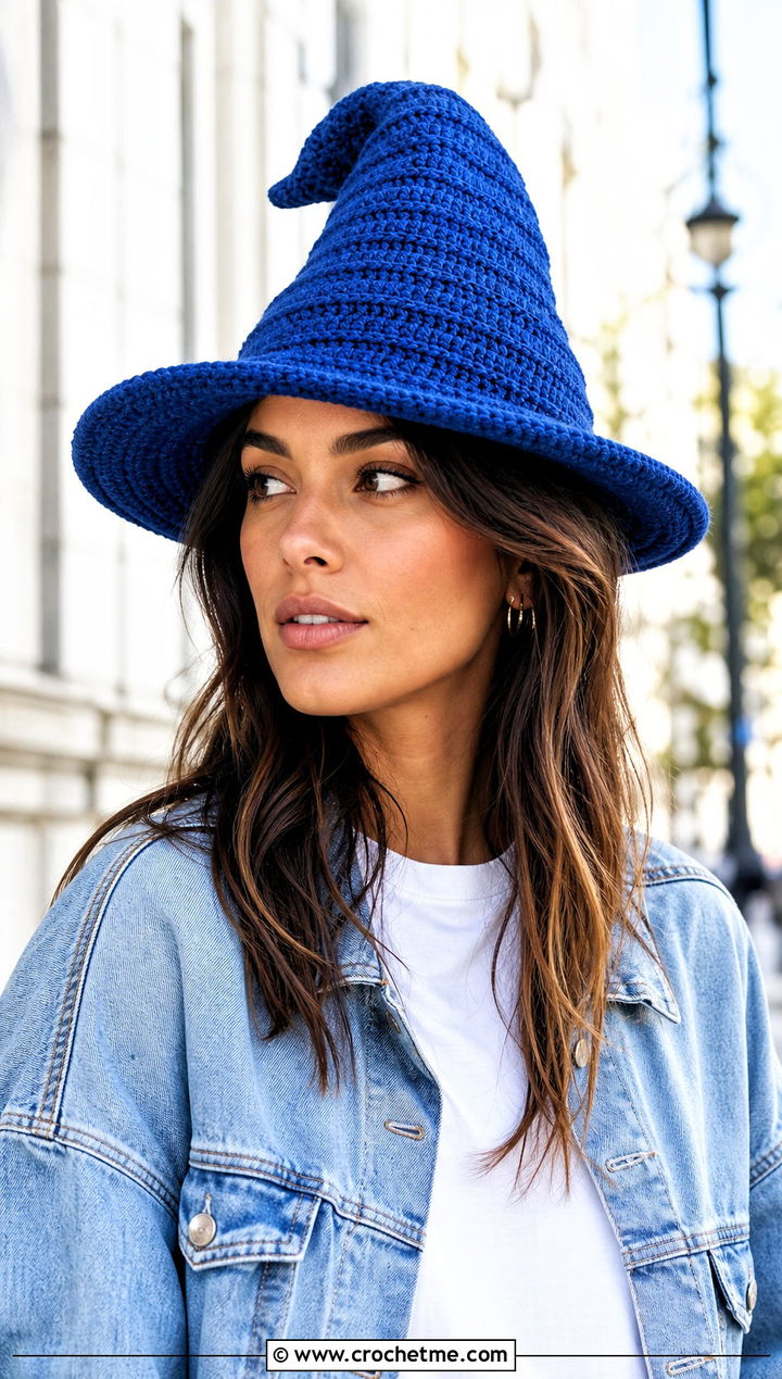 Ribbed Slouchy Crochet Witch Hat With Denim Jacket - 30 slouchy crochet witch hat outfit ideas