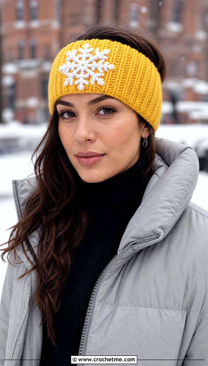 Ribbed Snowflake Headband With Puffer Jacket - 20 Crochet Snowflake Headband outfit ideas