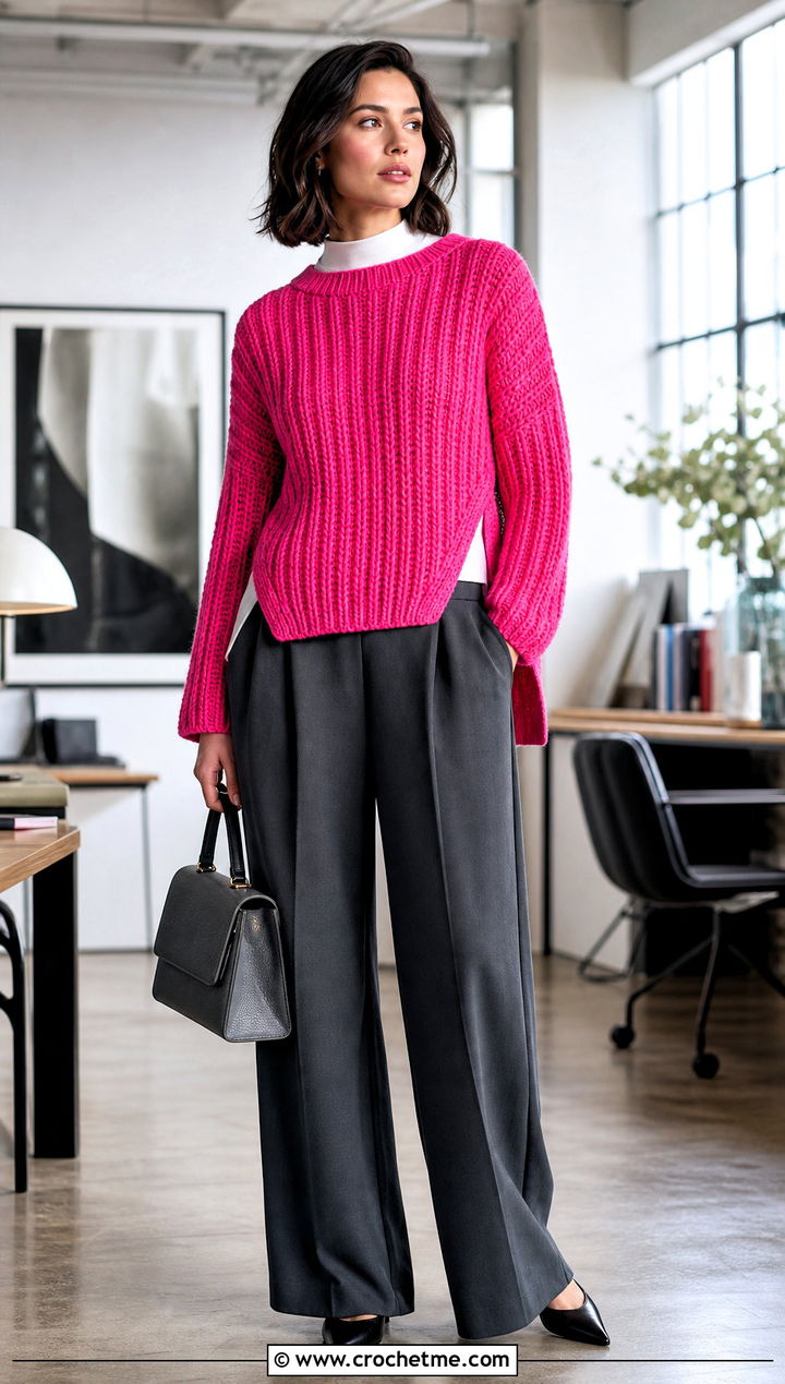 Ribbed Sofa Crochet Sweater With Wide Leg Pants - 15 sofa crochet sweater outfit ideas