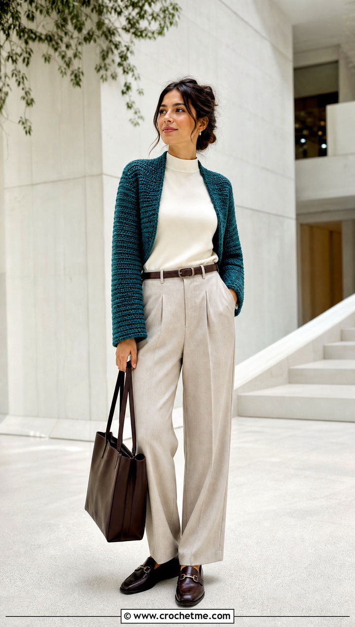 Ribbed Solid Stitch Crochet Shrug With Tailored Trousers - 15 Long Sleeved Crochet Shrug outfit ideas