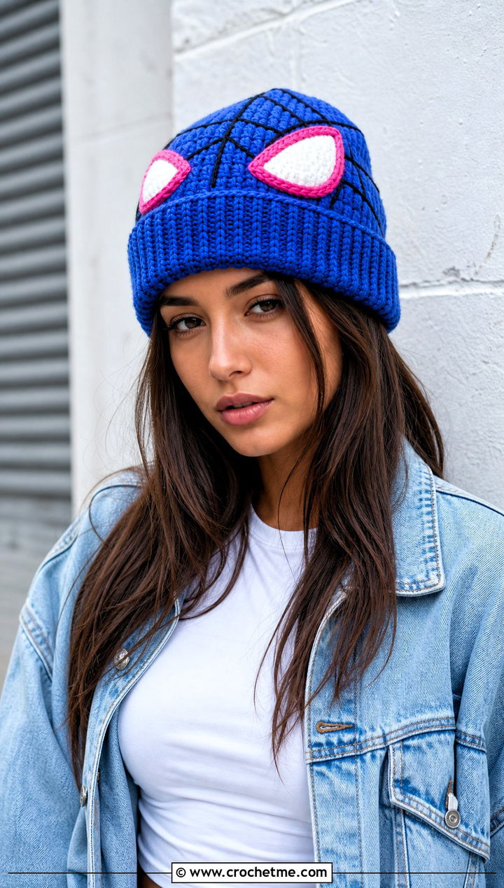 Ribbed Spider Gwen Crochet Beanie With Denim Jacket - 20 Spider Gwen Crochet Beanie outfit ideas