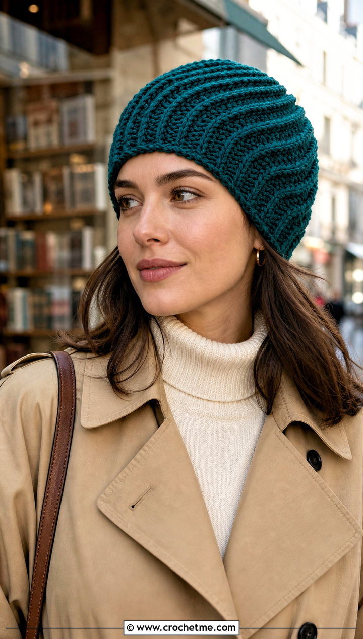 Ribbed Spiral Beanie With Trench Coat - 15 crochet vintage swirl hat outfit ideas