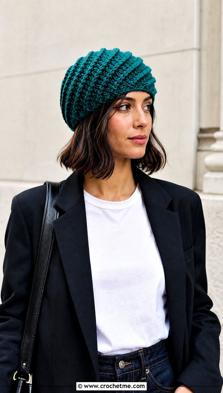 Ribbed Spiral Crochet Hat With Blazer And Jeans - 25 Spiral Crochet Hat outfit ideas