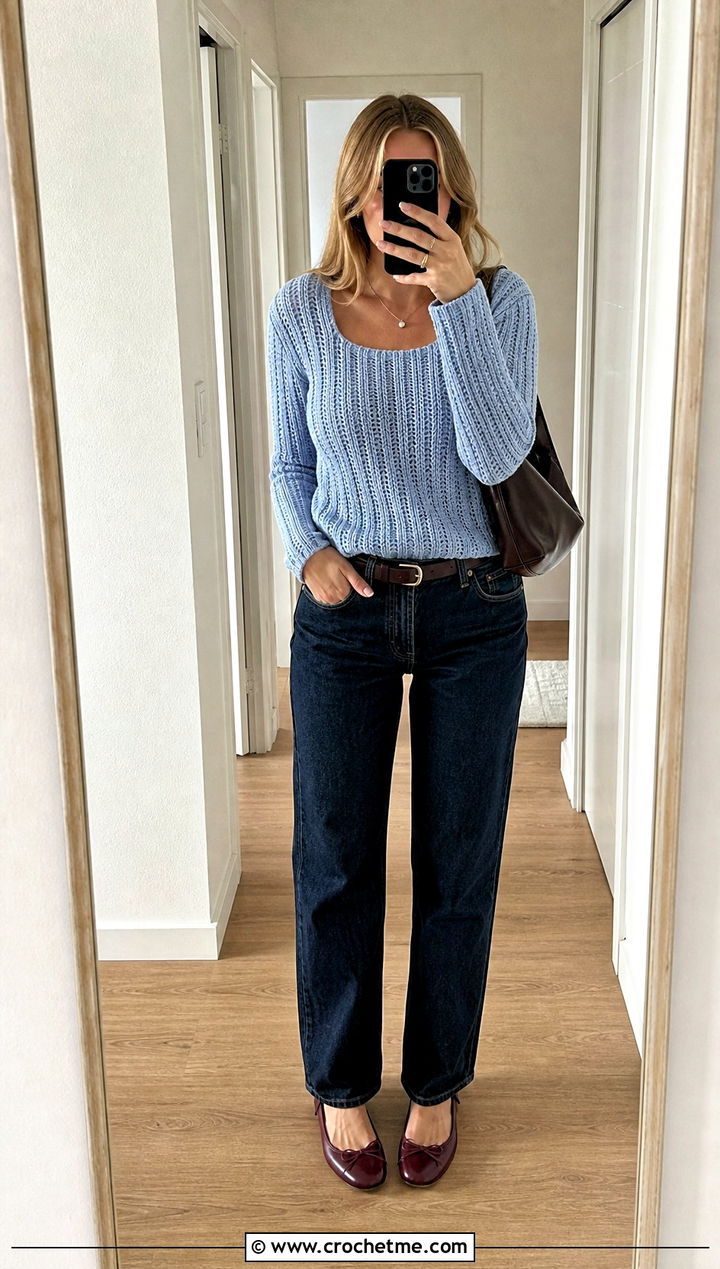 Ribbed Square Neck Crochet Sweater With Straight Leg Jeans - 15 Square Neck Crochet Sweater outfit ideas