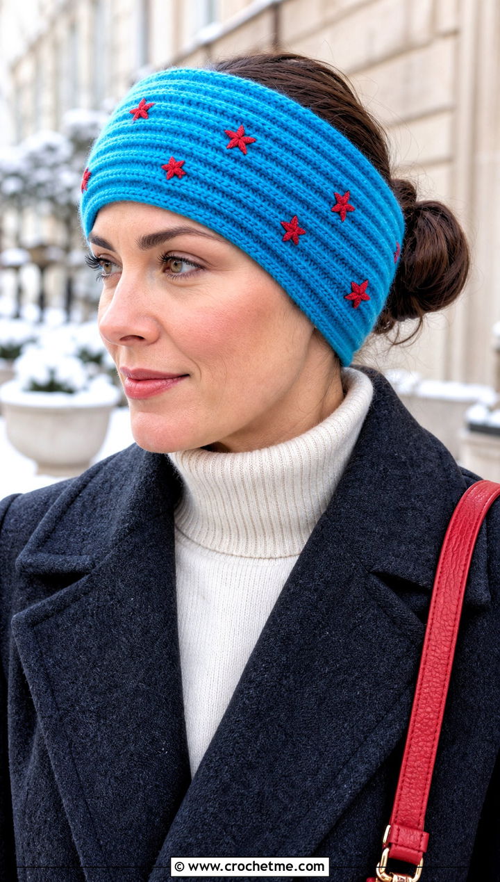 Ribbed Star Ear Warmer With Long Wool Coat - 25 crochet star headband outfit ideas