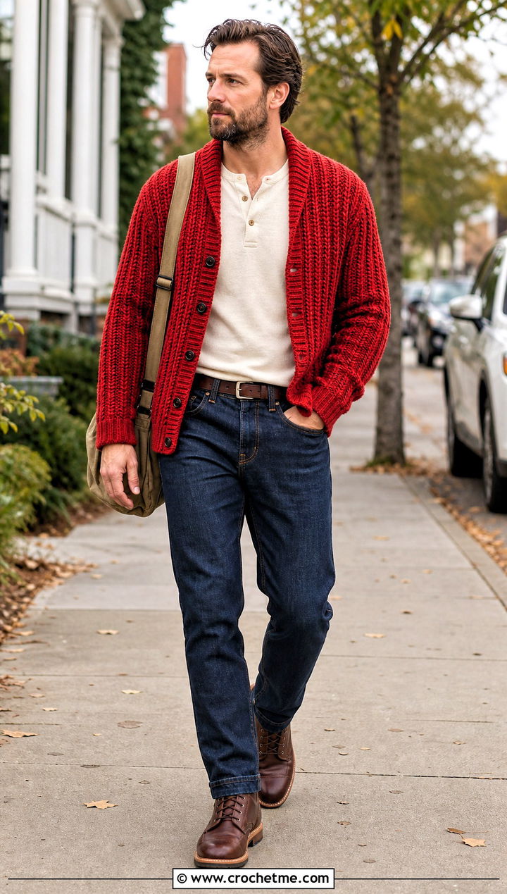 Ribbed Stitch Crochet Cardigan With Dark Jeans - 35 mens crochet cardigan outfit ideas
