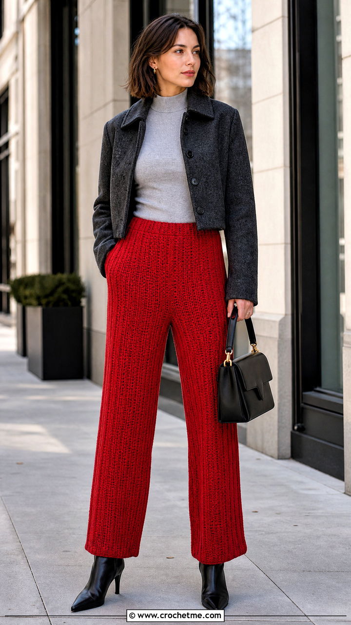 Ribbed Stitch Crochet Trousers With Mock Neck Top - 35 crochet trousers outfit ideas