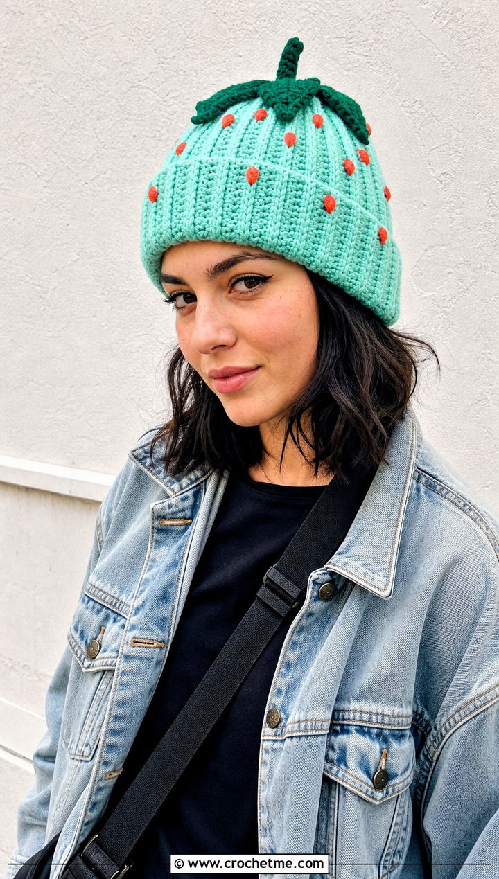 Ribbed Strawberry Crochet Beanie With Denim Jacket - 30 strawberry crochet hat outfit ideas