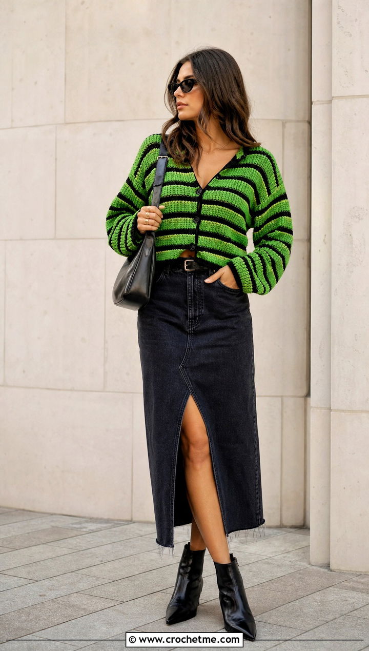 Ribbed Stripe Crochet Cardigan With Denim Midi Skirt - 35 crochet striped cardigan outfit ideas