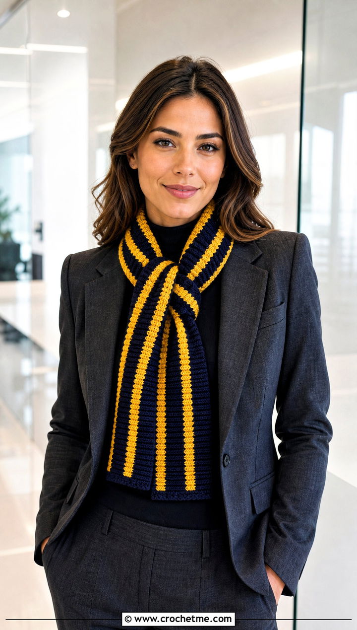 Ribbed Stripe Crochet Scarf With Tailored Suit - 30 Stripe Crochet Scarf outfit ideas