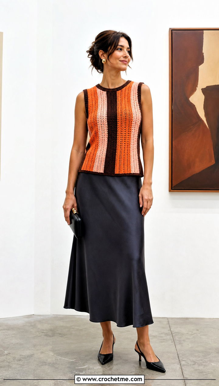 Ribbed Stripe Crochet Vest With Satin Skirt - 25 crochet vest stripes outfit ideas