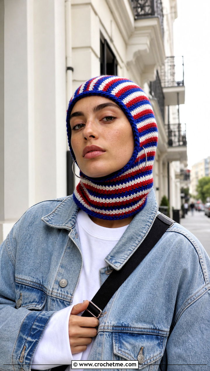 Ribbed Striped Crochet Balaclava With Denim Jacket - 15 Striped Crochet Balaclava outfit ideas