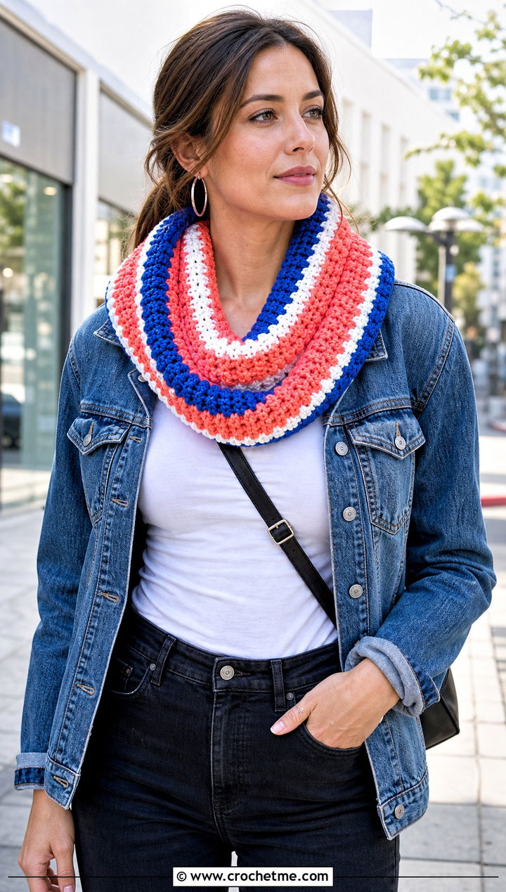 Ribbed Striped Crochet Cowl With Denim Jacket - 15 striped crochet cowl outfit ideas