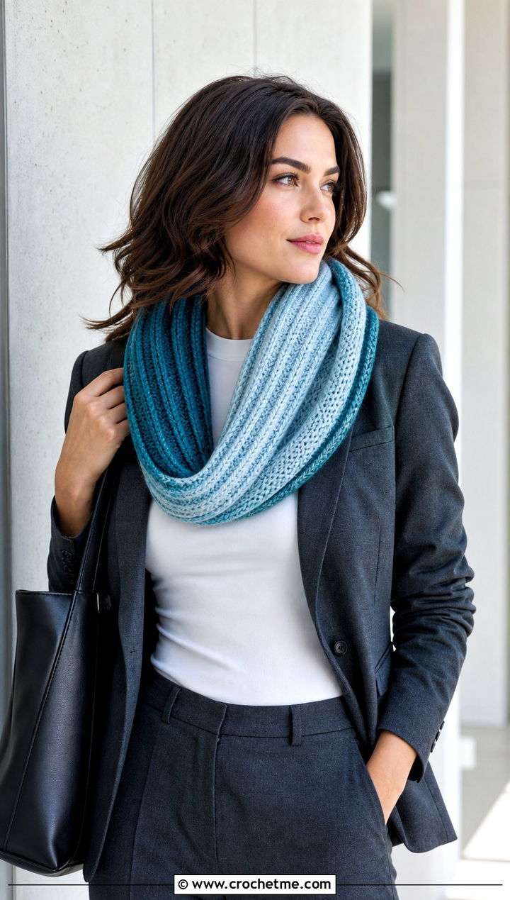 Ribbed Striped Crochet Infinity Scarf With Blazer And Trousers - 15 Striped Crochet Infinity Scarf outfit ideas