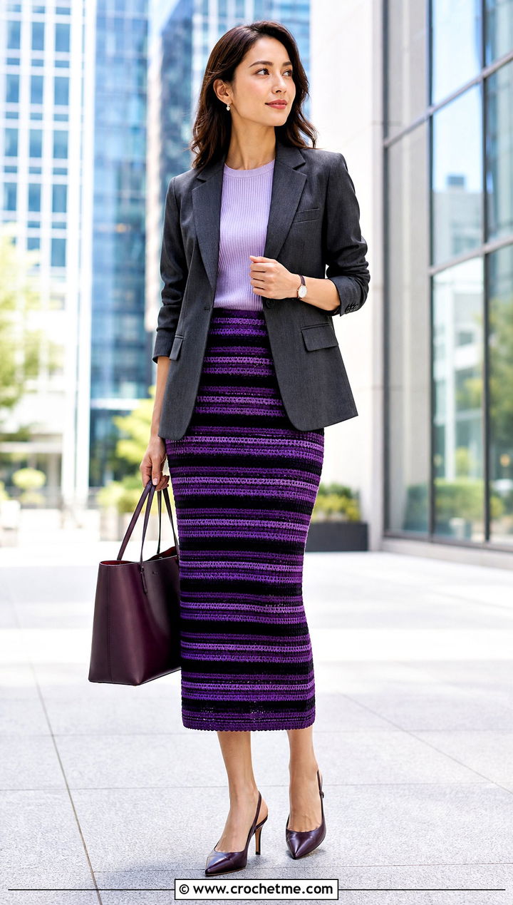 Ribbed Striped Crochet Pencil Skirt With Blazer - 25 striped crochet skirt outfit ideas