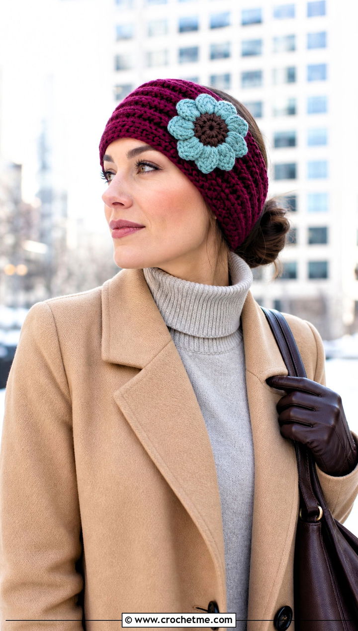 Ribbed Sunflower Headband With Wool Coat - 25 Crochet Sunflower Headband outfit ideas
