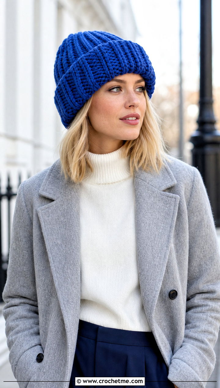 Ribbed Super Bulky Crochet Beanie With Wool Coat - 15 Crochet Hat With Super Bulky Yarn outfit ideas