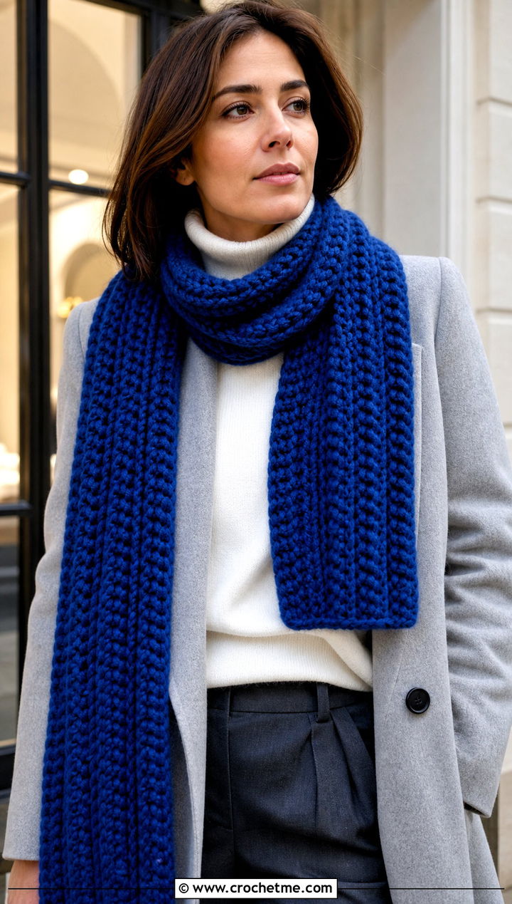 Ribbed Super Bulky Crochet Scarf With Wool Coat - 15 Super Bulky Crochet Scarf outfit ideas