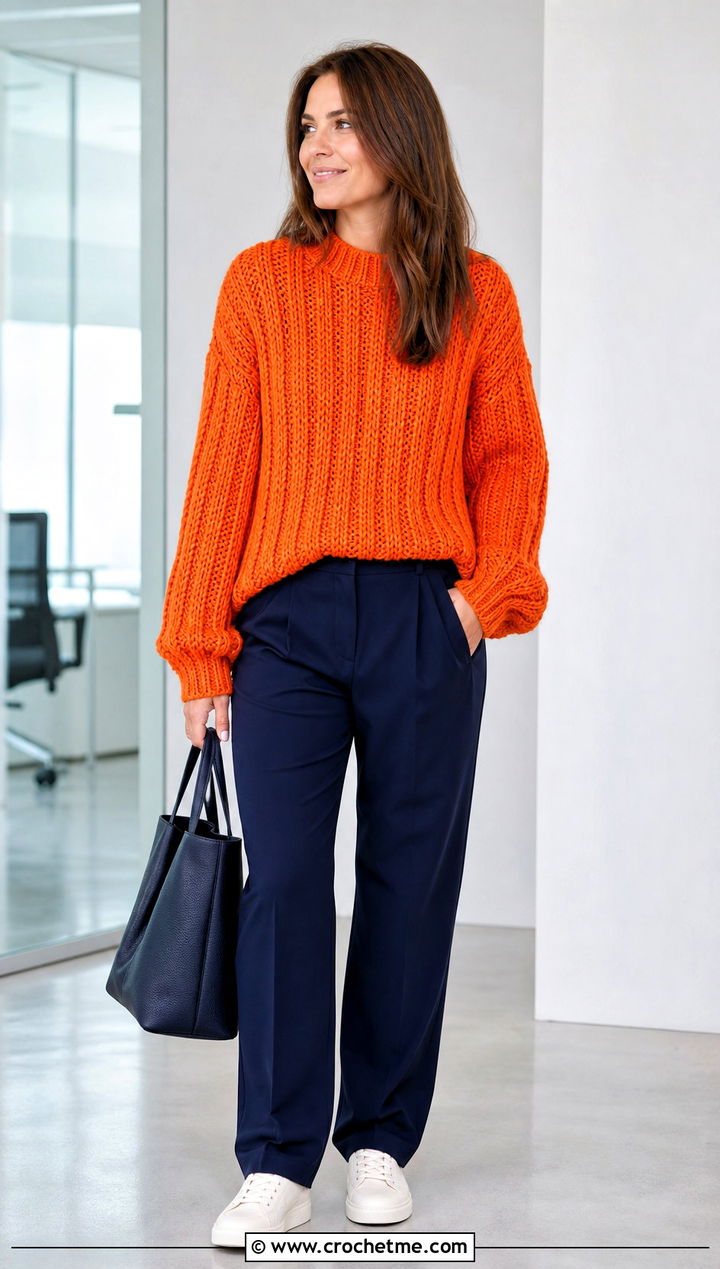 Ribbed Super Bulky Crochet Sweater With Relaxed Suit Pants - 25 Super Bulky Crochet Sweater outfit ideas