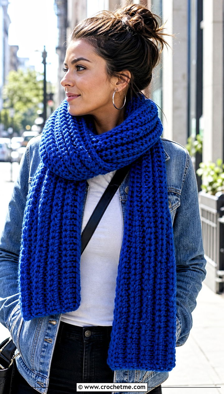 Ribbed Super Chunky Crochet Scarf With Denim Jacket - 25 Super Chunky Crochet Scarf outfit ideas