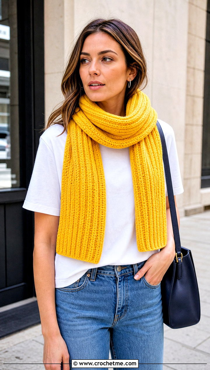 Ribbed Sweater Scarf With Straight Jeans - 25 crochet double sleeve scarf outfit ideas