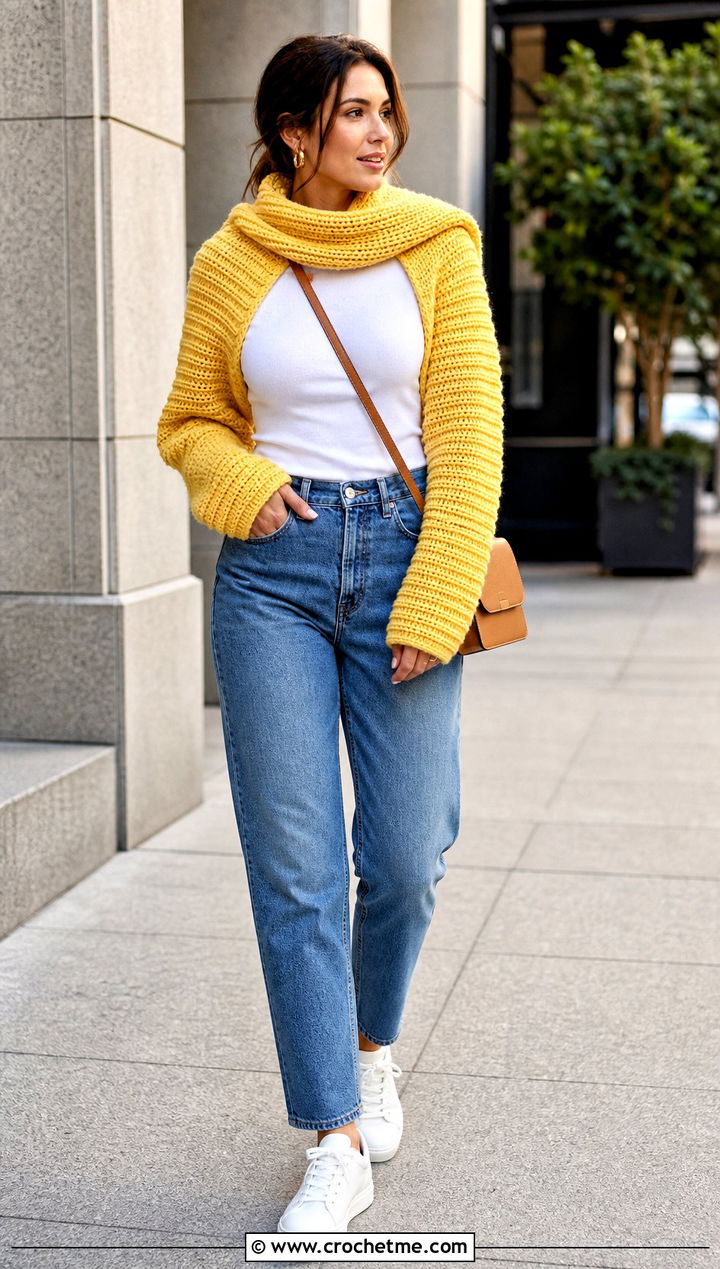Ribbed Sweater Scarf With Straight Leg Jeans - 15 Crocheted Sweater Scarf With Sleeves outfit ideas