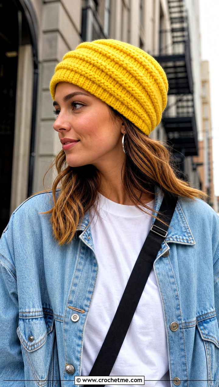 Ribbed Swirl Beanie With Denim Jacket - 15 crochet swirl beanie outfit ideas