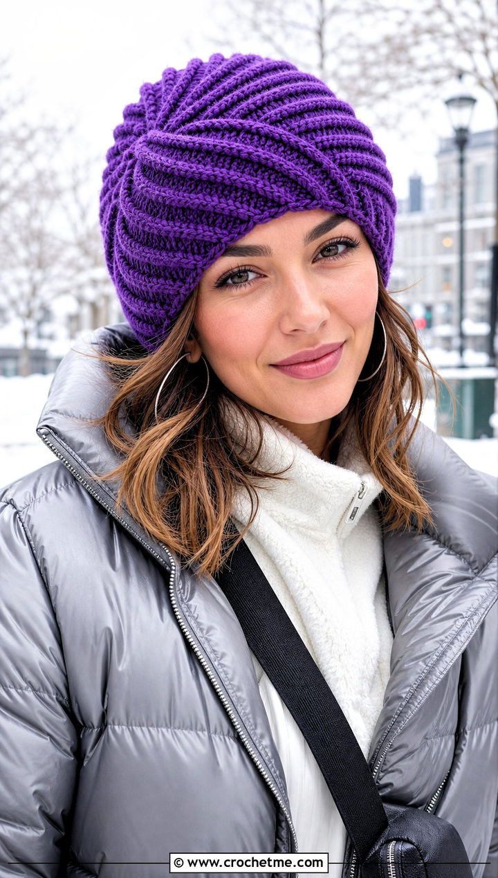 Ribbed Swirl Crochet Beanie With Puffer Jacket And Leggings - 30 crochet swirl hat outfit ideas